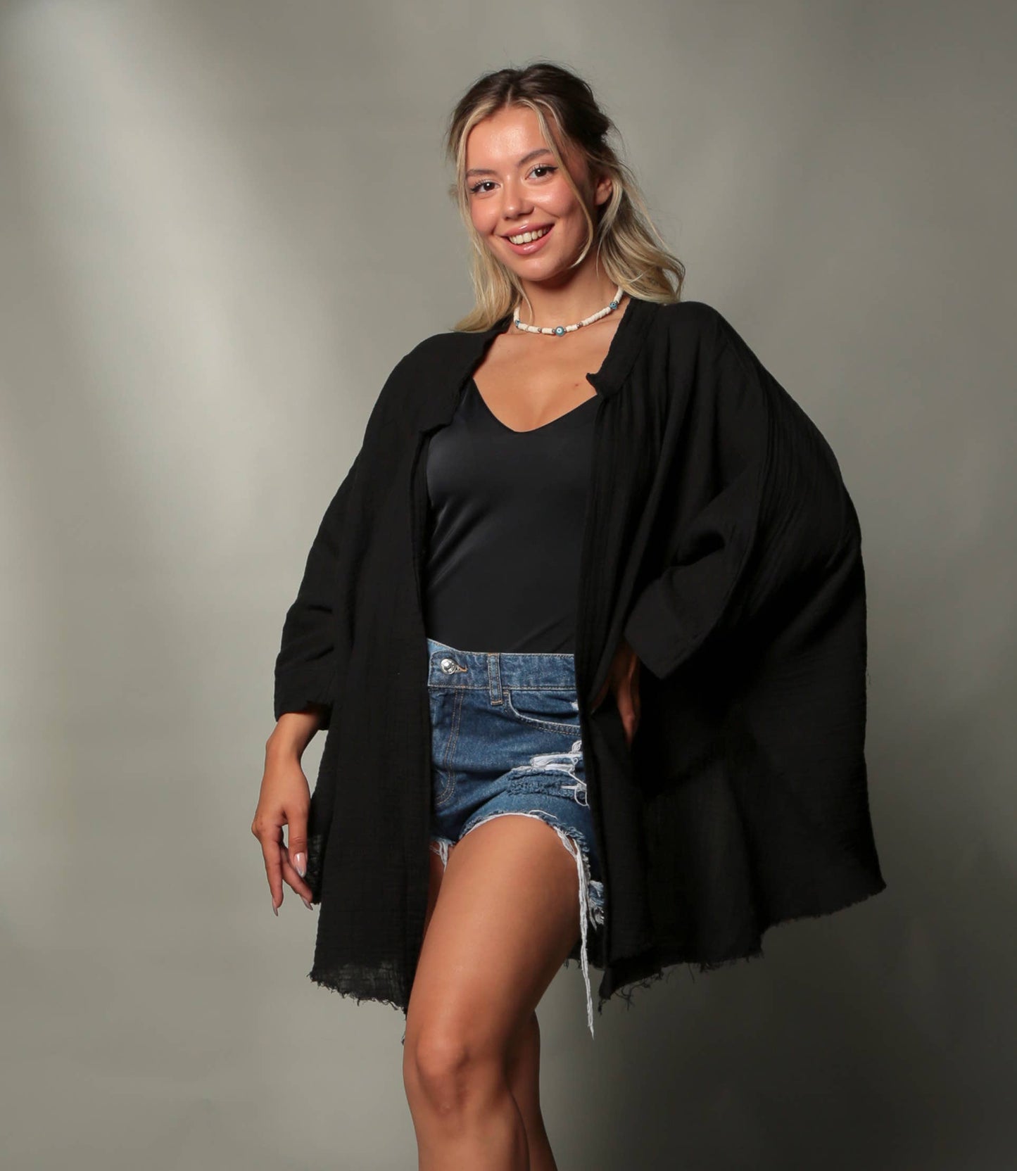 MOA - Beige and Black Moon Phases Muslin Kimono Robe / Poncho: Beige