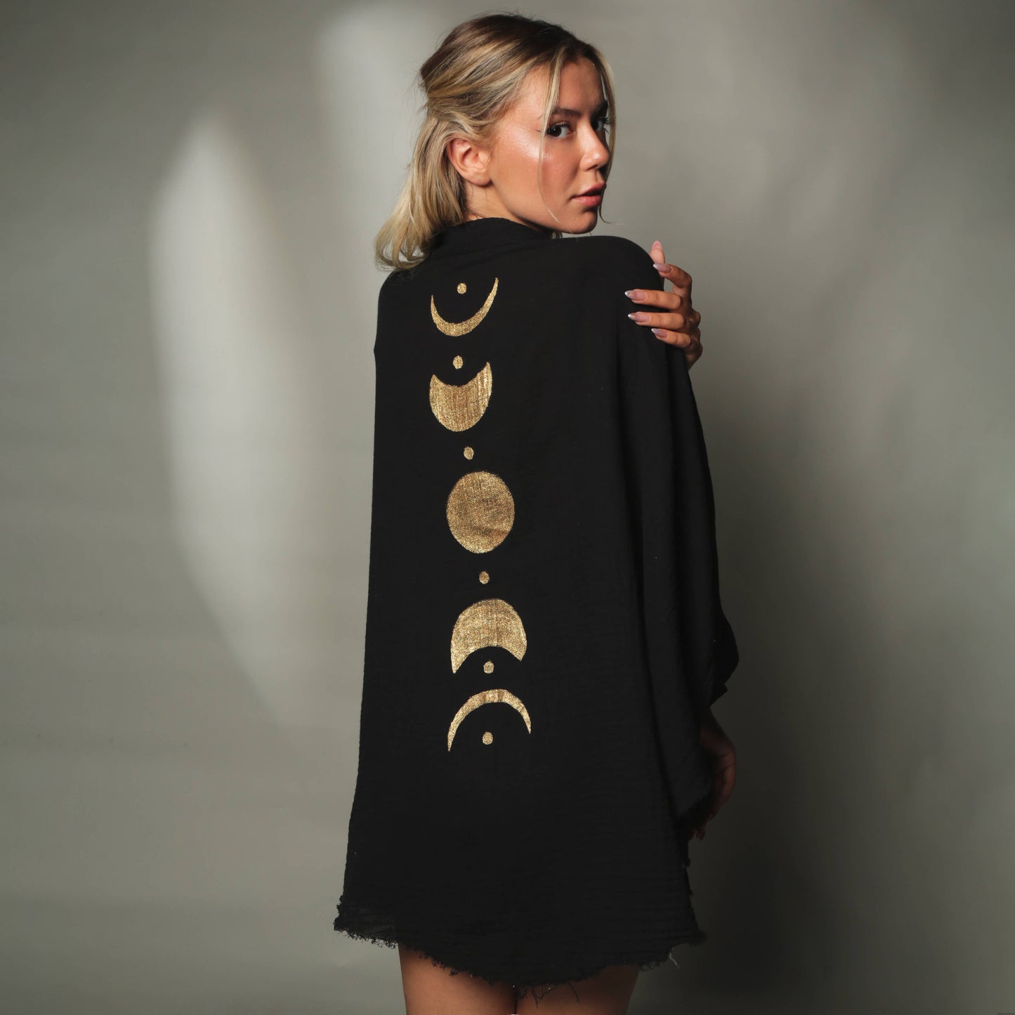 MOA - Beige and Black Moon Phases Muslin Kimono Robe / Poncho: Beige