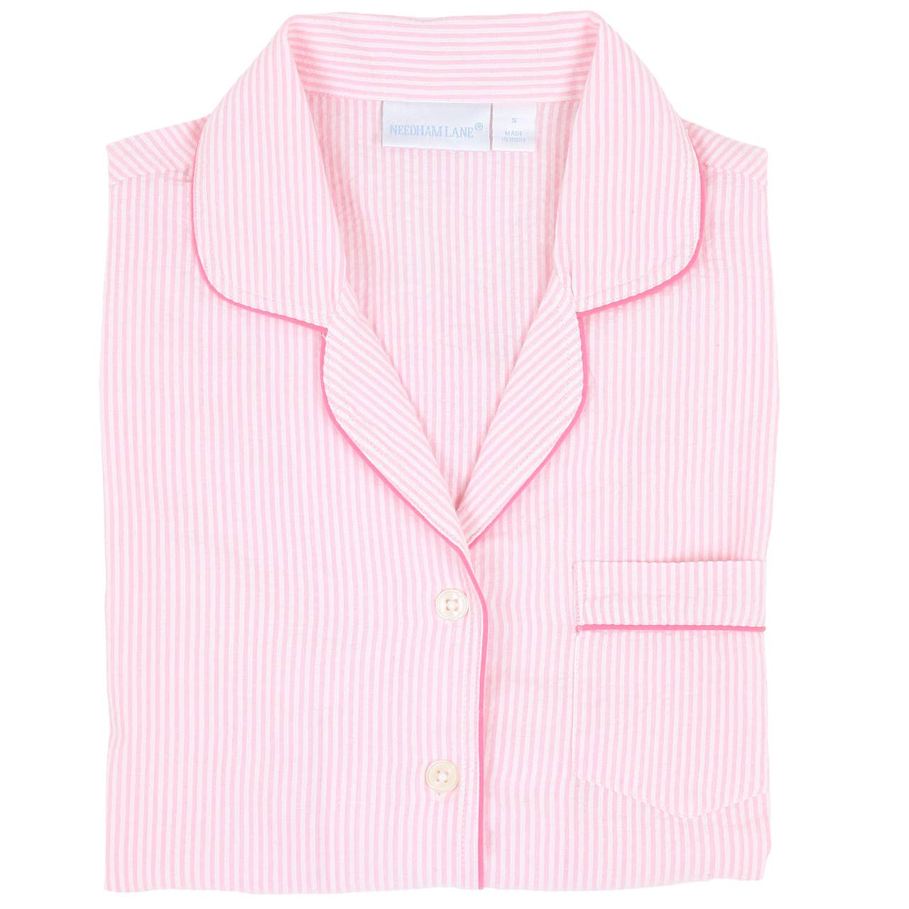 Needham Lane - Pink Seersucker-Pink Short Sleeve Capri Pajamas: S