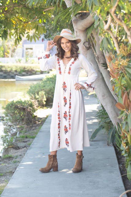Thea Embroidered Maxi Dress Natural/Brown: S/M