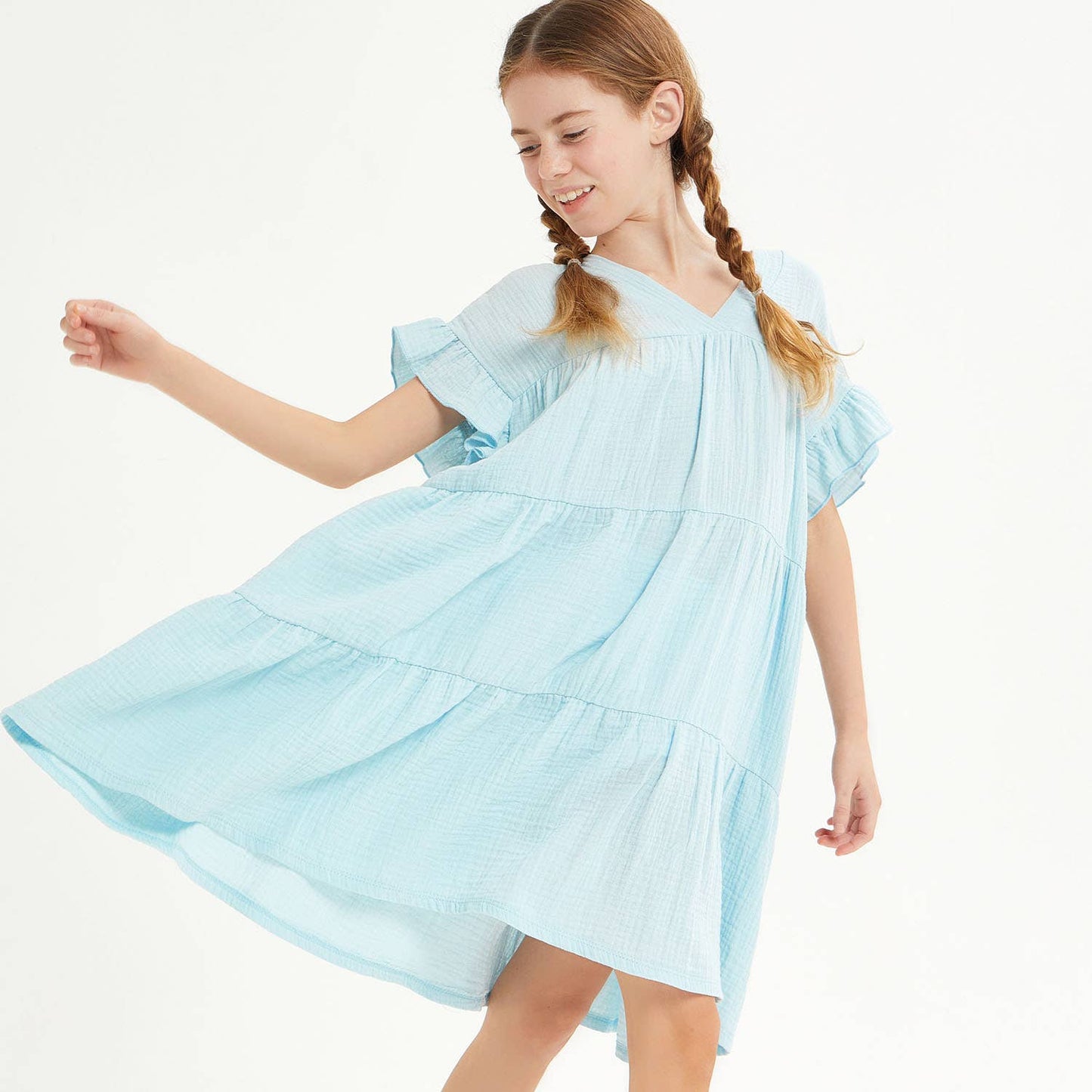 Ruffle Sleeves Tiered Gauze Dress: Light Blue / XL