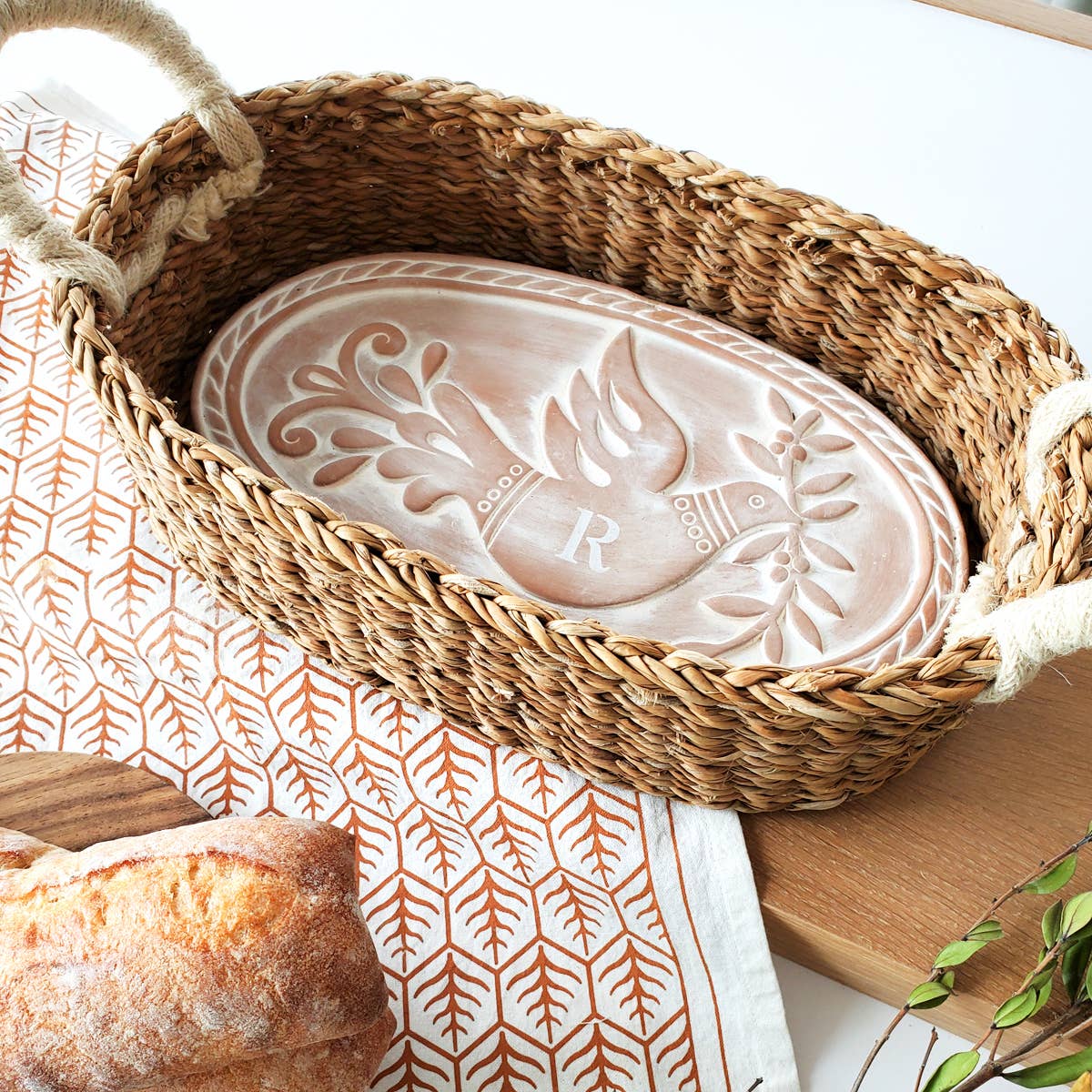 Monogrammed Bread Warmer & Wicker Basket - Bird Oval