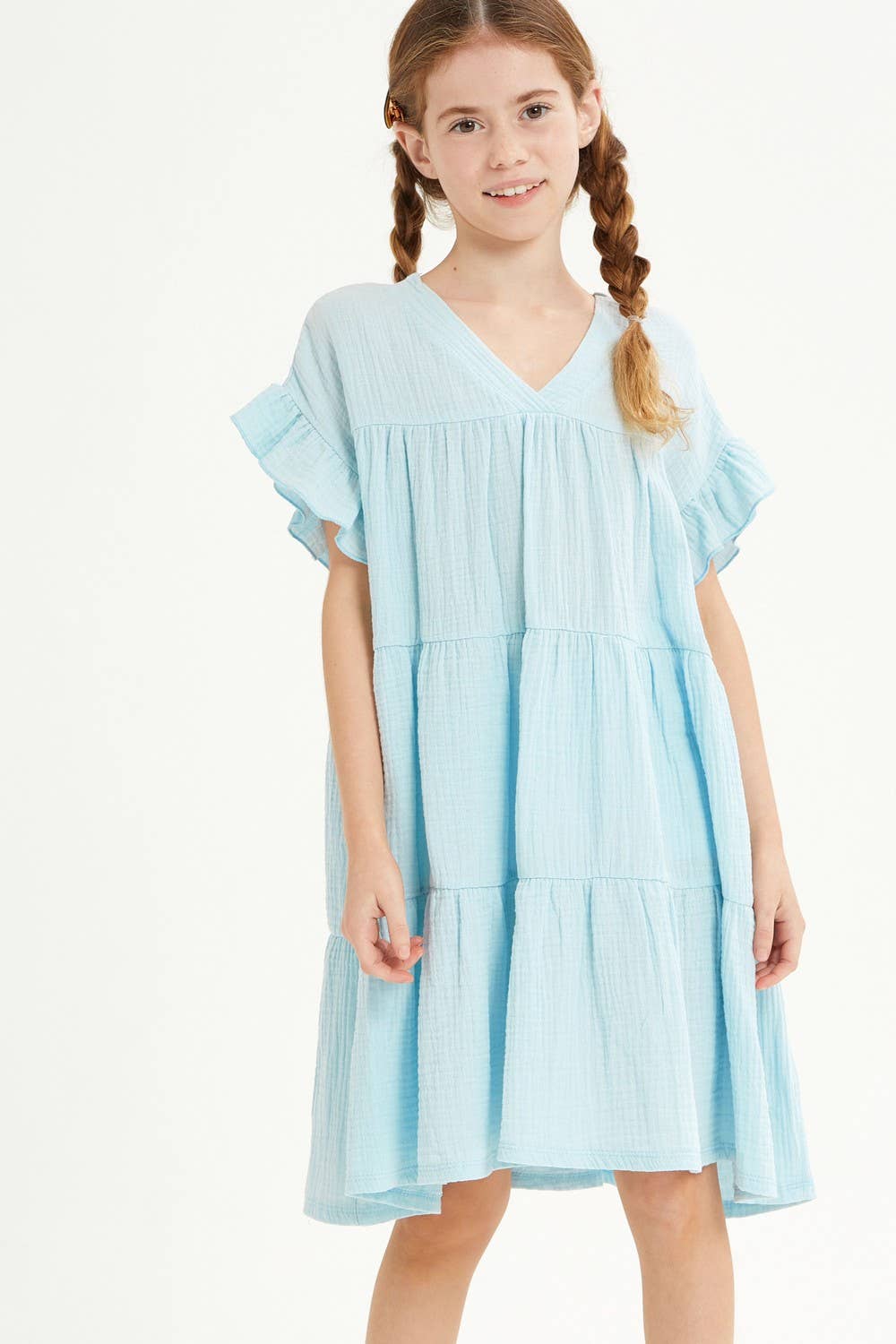 Ruffle Sleeves Tiered Gauze Dress: Light Blue / XL