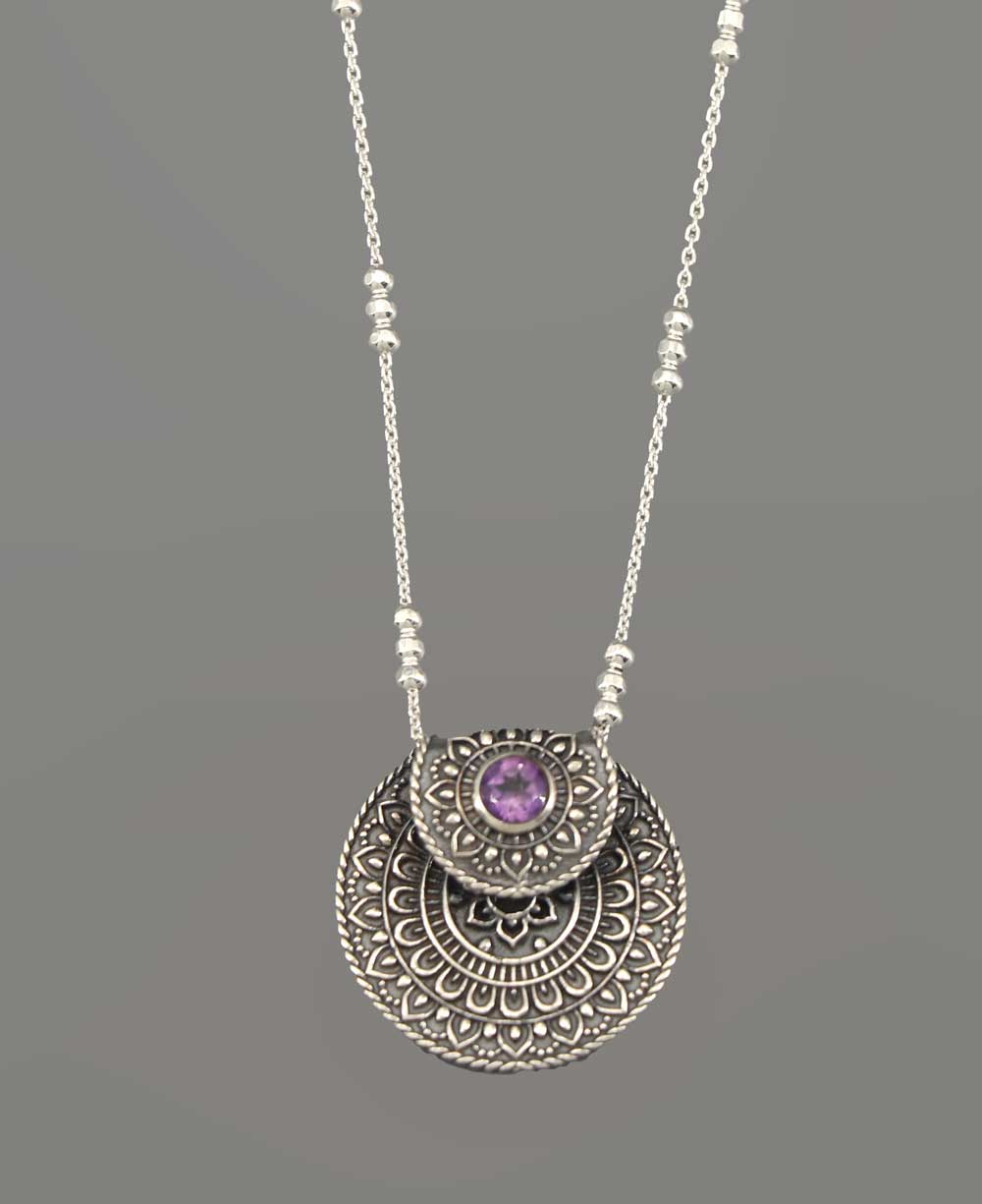Culture Spot: Inspirational Sterling Silver Mandala Necklace with Amethyst: 16"+2"