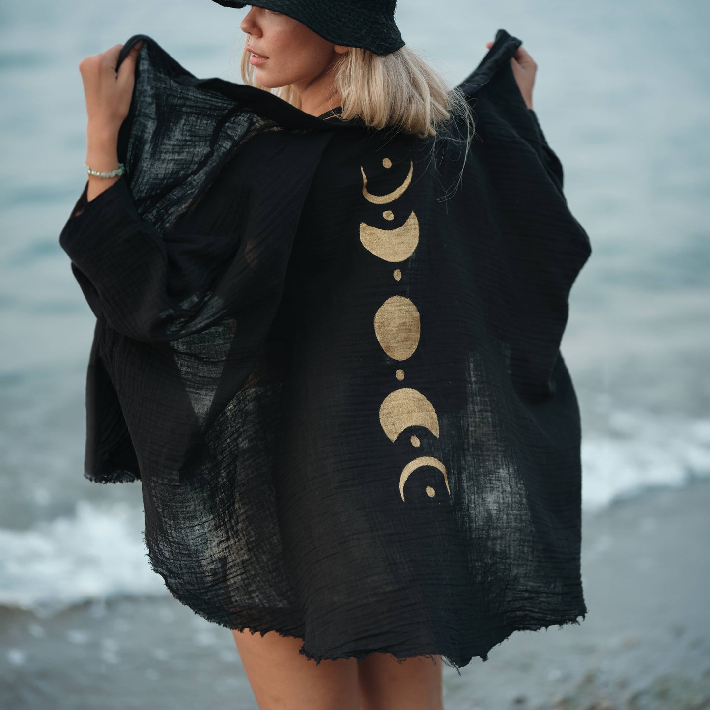 MOA - Beige and Black Moon Phases Muslin Kimono Robe / Poncho: Beige
