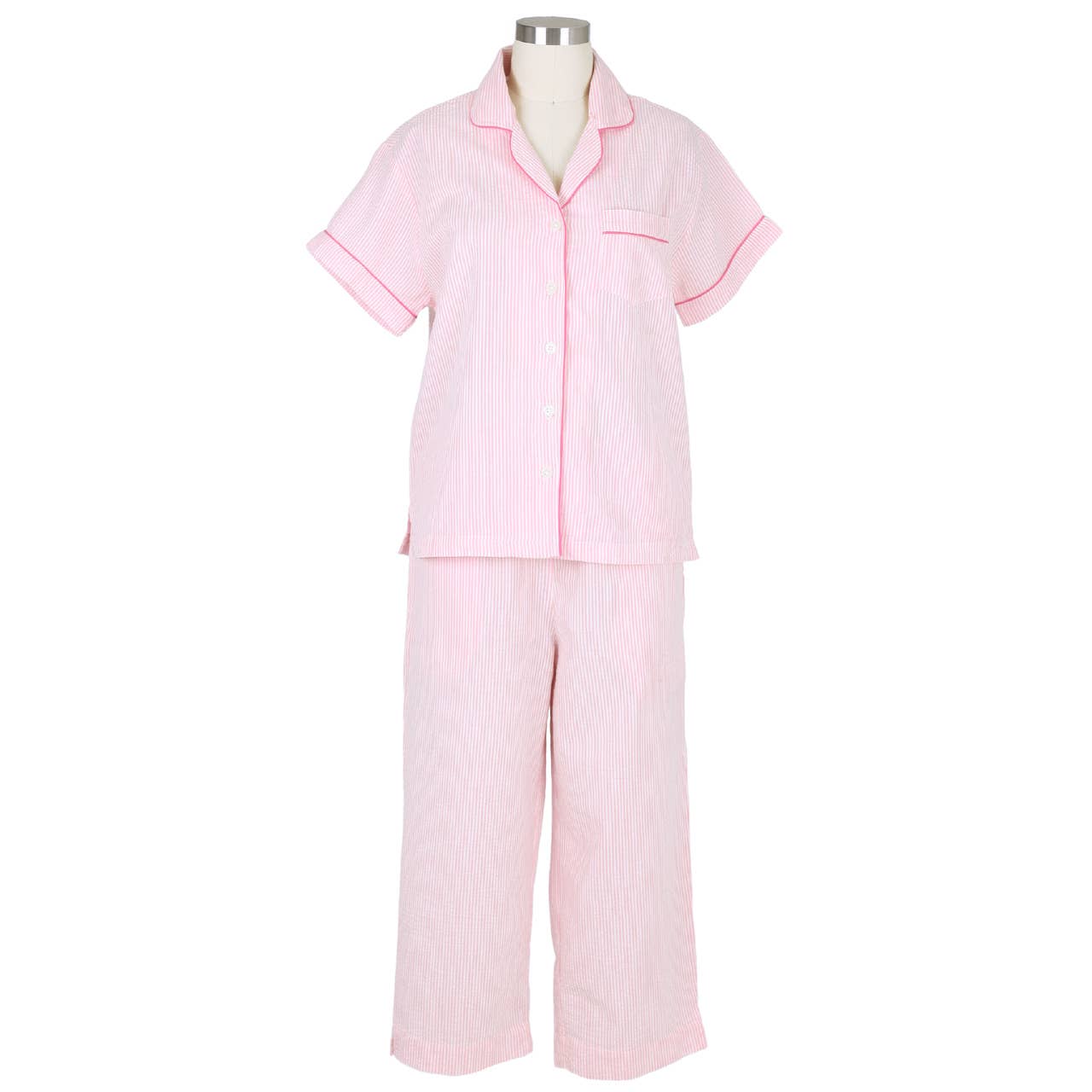 Needham Lane - Pink Seersucker-Pink Short Sleeve Capri Pajamas: XS
