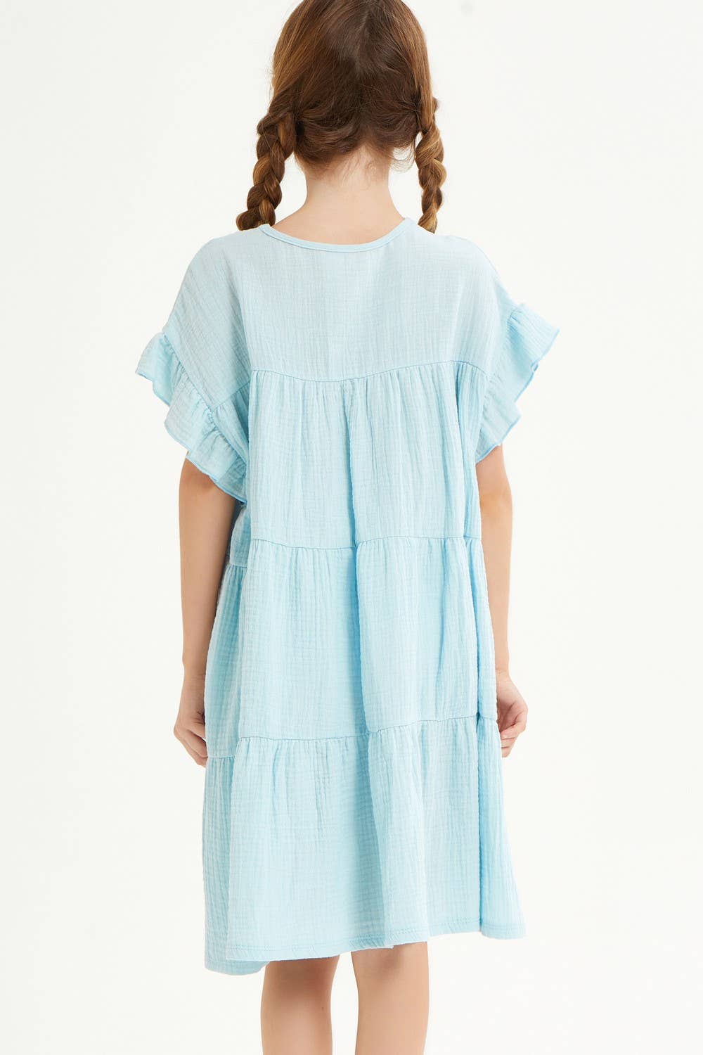 Ruffle Sleeves Tiered Gauze Dress: Light Blue / XL