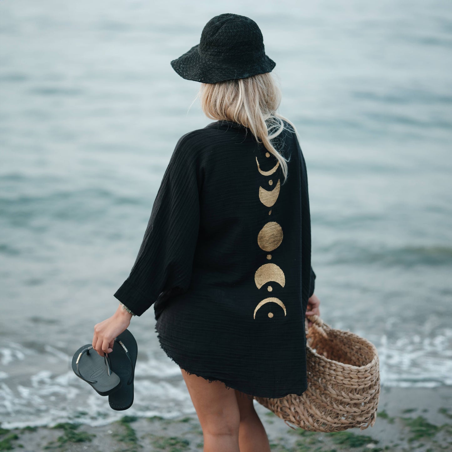 MOA - Beige and Black Moon Phases Muslin Kimono Robe / Poncho: Beige