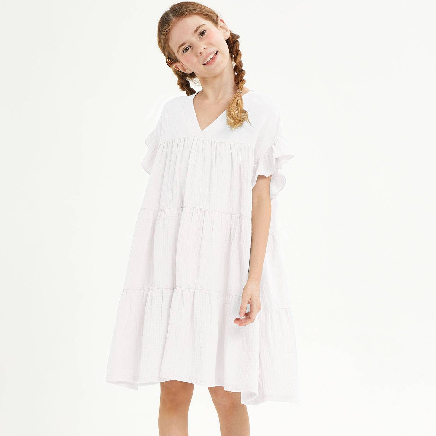 Ruffle Sleeves Tiered Gauze Dress: Light Blue / XL