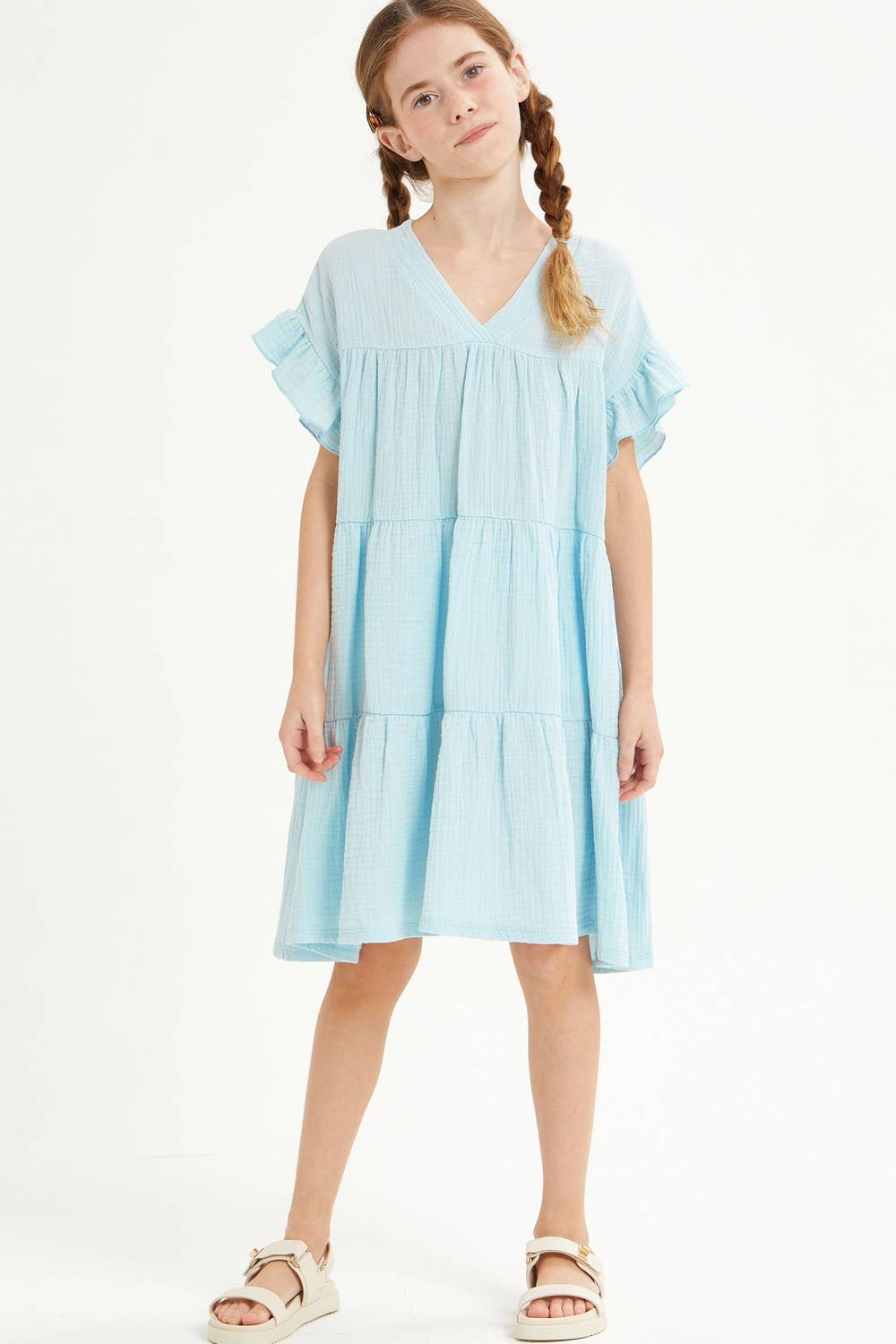 Ruffle Sleeves Tiered Gauze Dress: Light Blue / XL