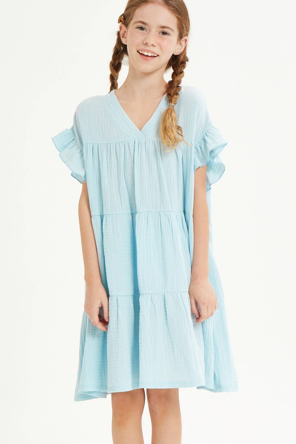 Ruffle Sleeves Tiered Gauze Dress: Light Blue / XL
