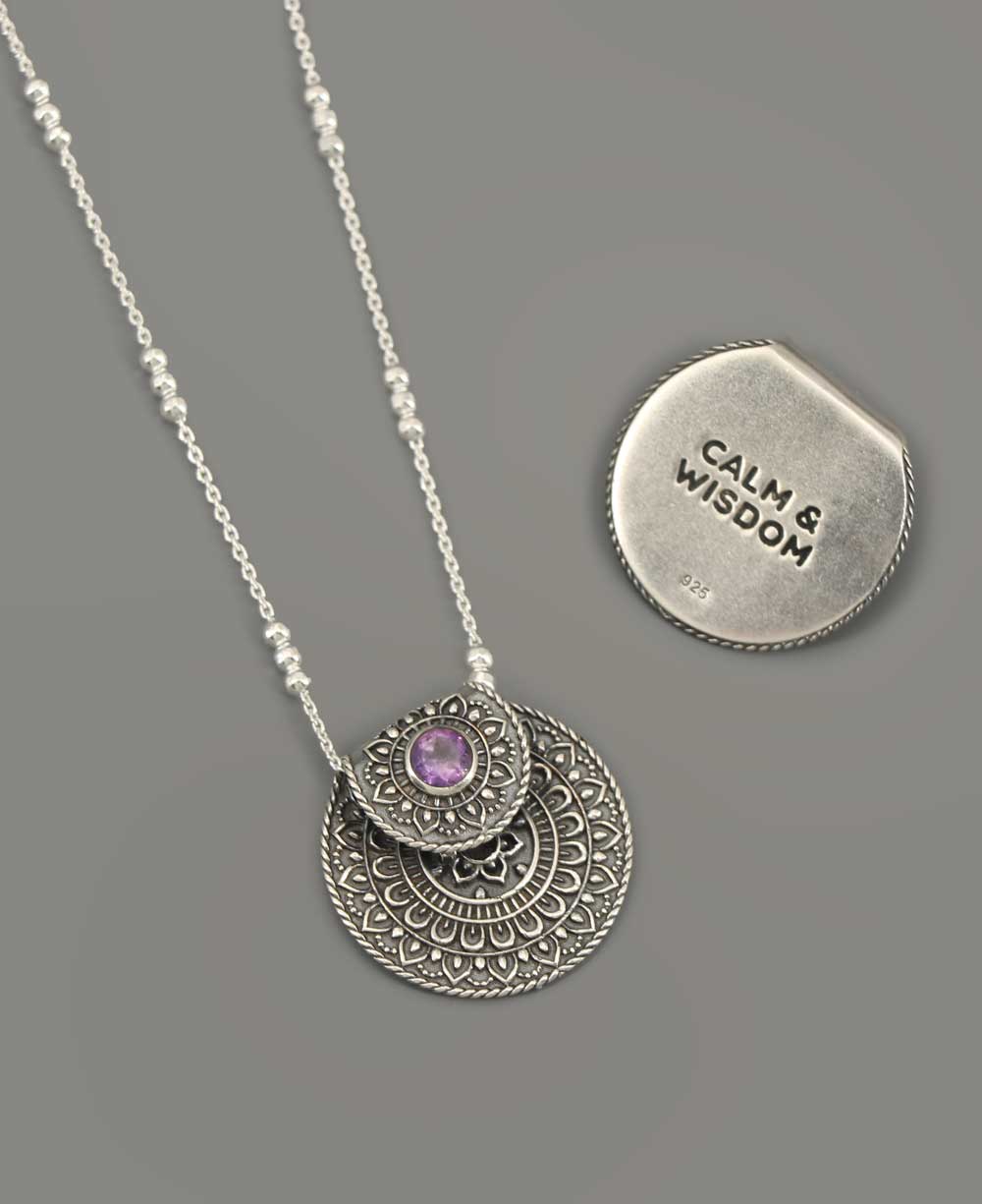 Culture Spot: Inspirational Sterling Silver Mandala Necklace with Amethyst: 16"+2"