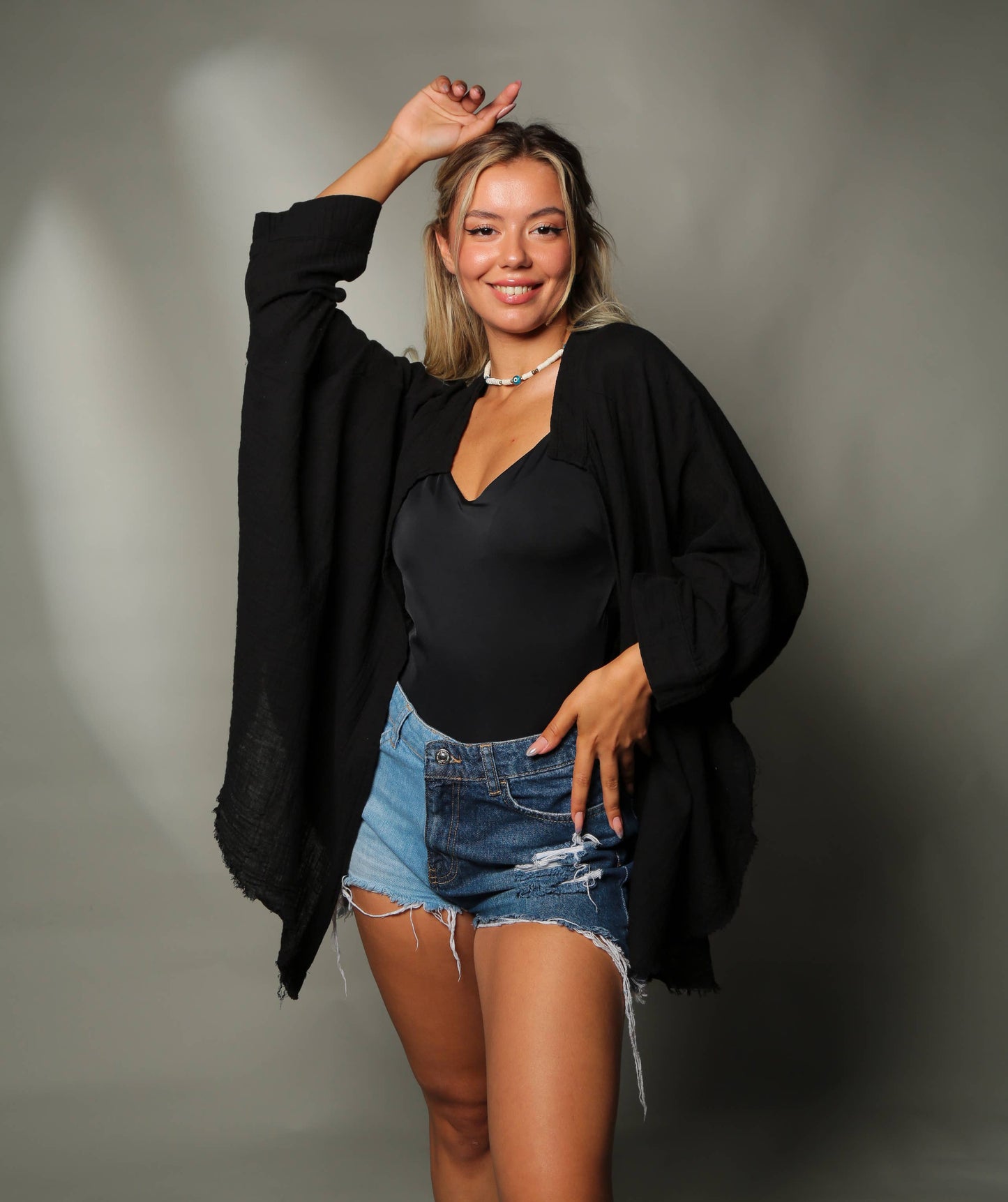 MOA - Beige and Black Moon Phases Muslin Kimono Robe / Poncho: Beige