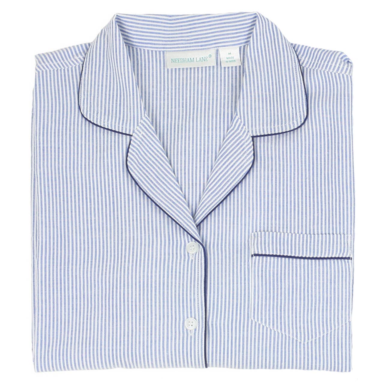 Needham Lane - Blue Seersucker-Navy Short Sleeve Shorty Pajamas: