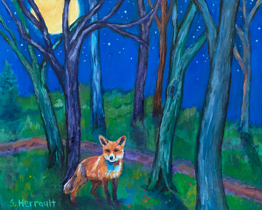 Fox Under The Moonlight - Original Acrylic Painting