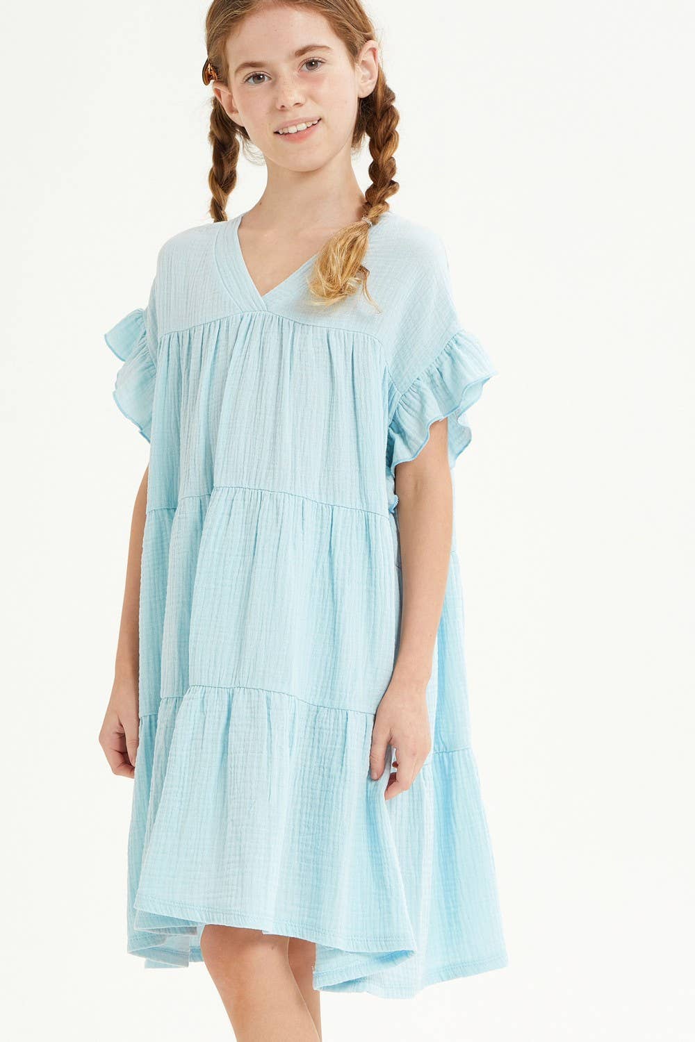 Ruffle Sleeves Tiered Gauze Dress: Light Blue / XL