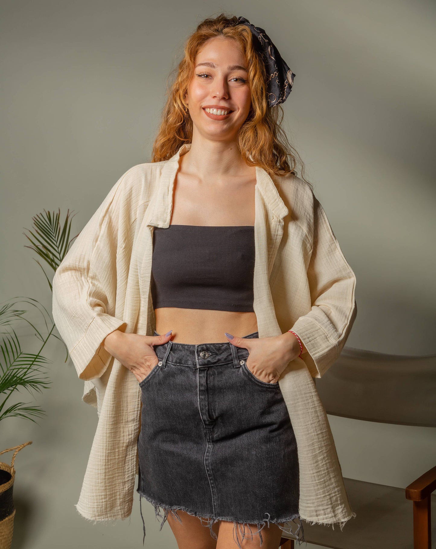 MOA - Beige and Black Moon Phases Muslin Kimono Robe / Poncho: Beige