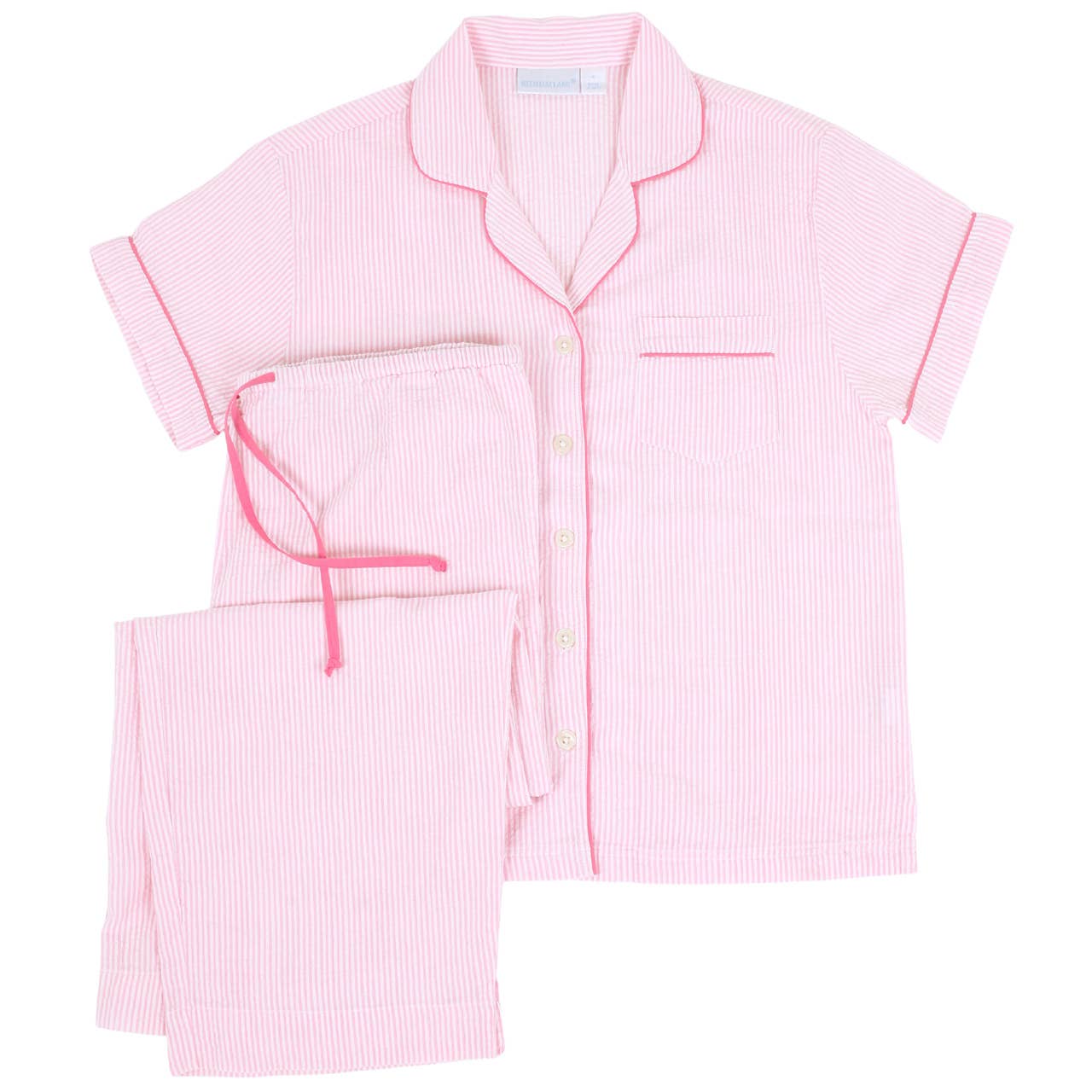 Needham Lane - Pink Seersucker-Pink Short Sleeve Capri Pajamas: XS