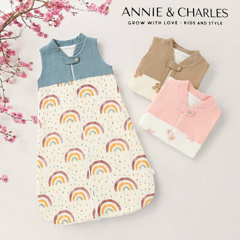 Annie & Charles® - Made in Austria - 100% organic muslin sleeping bag: Beige/heart / S (up to 6 months)