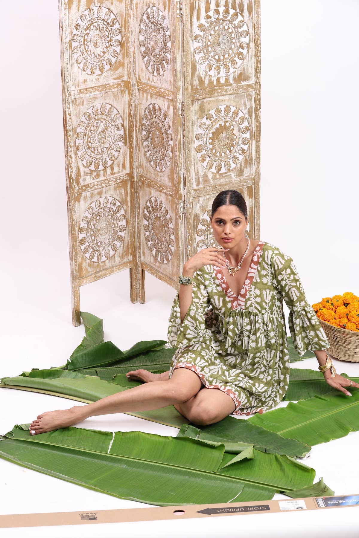 The Fox & The Mermaid - Block Printed Bell Sleeve Dress (Nishu)