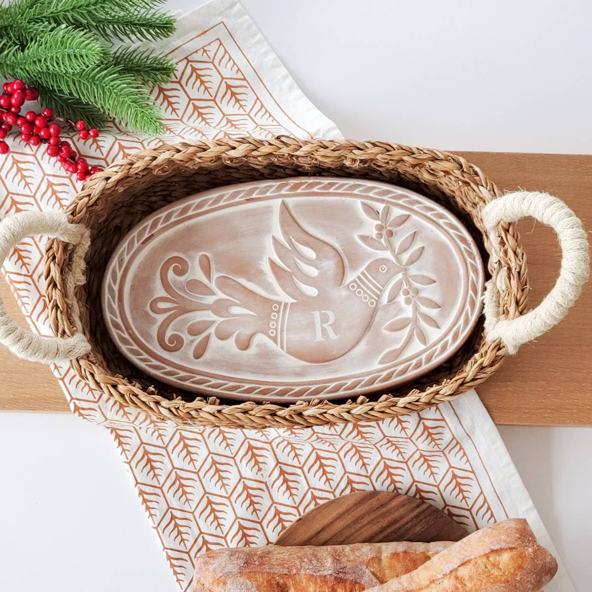 Monogrammed Bread Warmer & Wicker Basket - Bird Oval