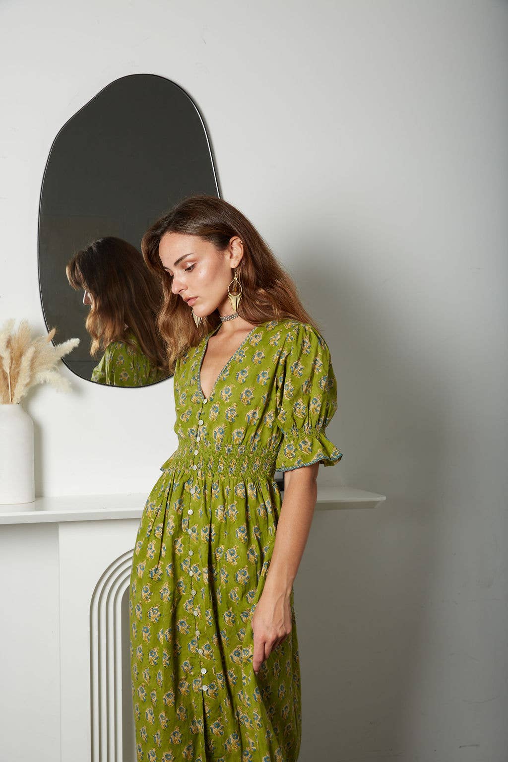 Tatiana Block Printed Dress (Olive) : L