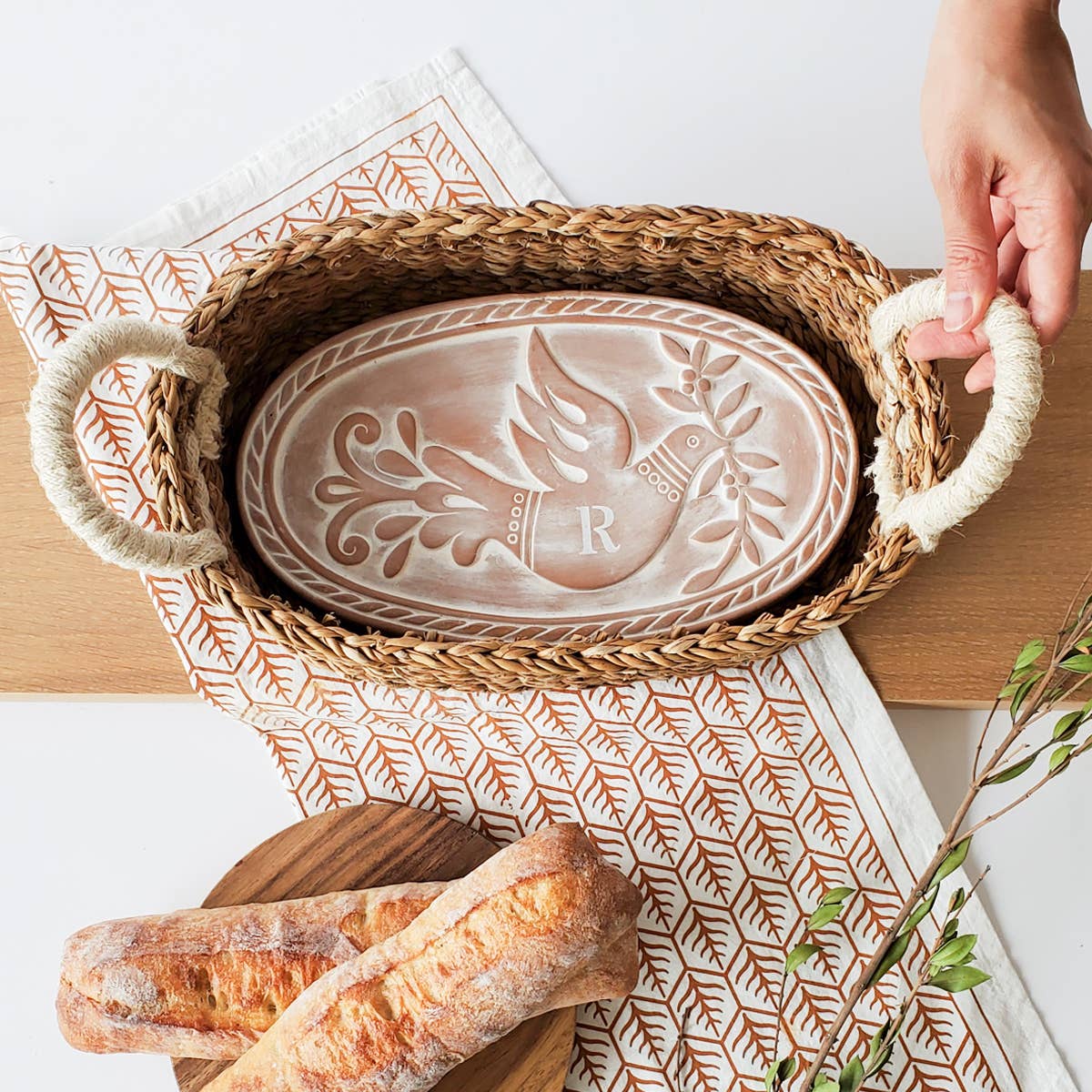 Monogrammed Bread Warmer & Wicker Basket - Bird Oval