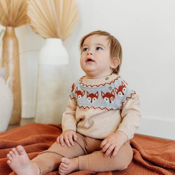 Viverano Organics - Fox Jacquard Fair Isle Sweater Knit Baby Pullover (Organic): Oatmeal Heather