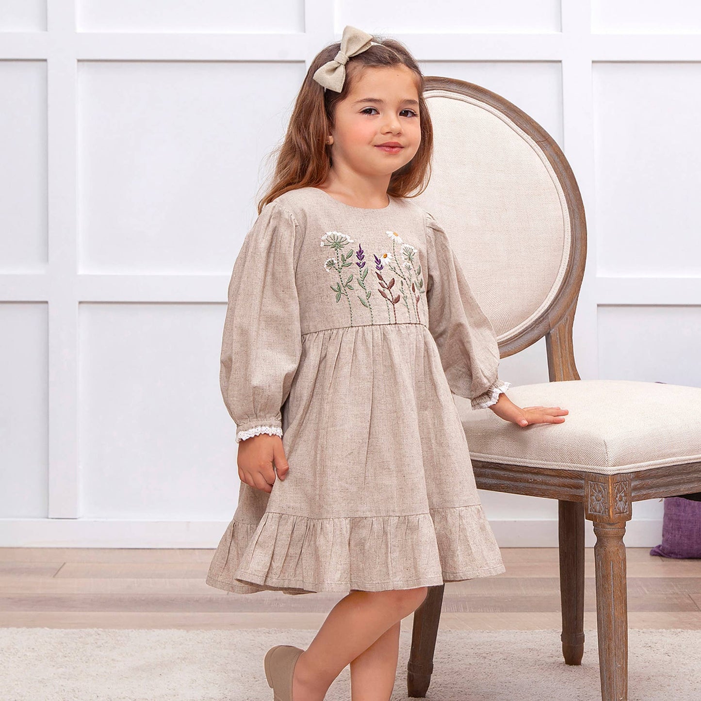 Embroidered Linen Girls Dress – Cotton Blend Heirloom Style: 12-18M