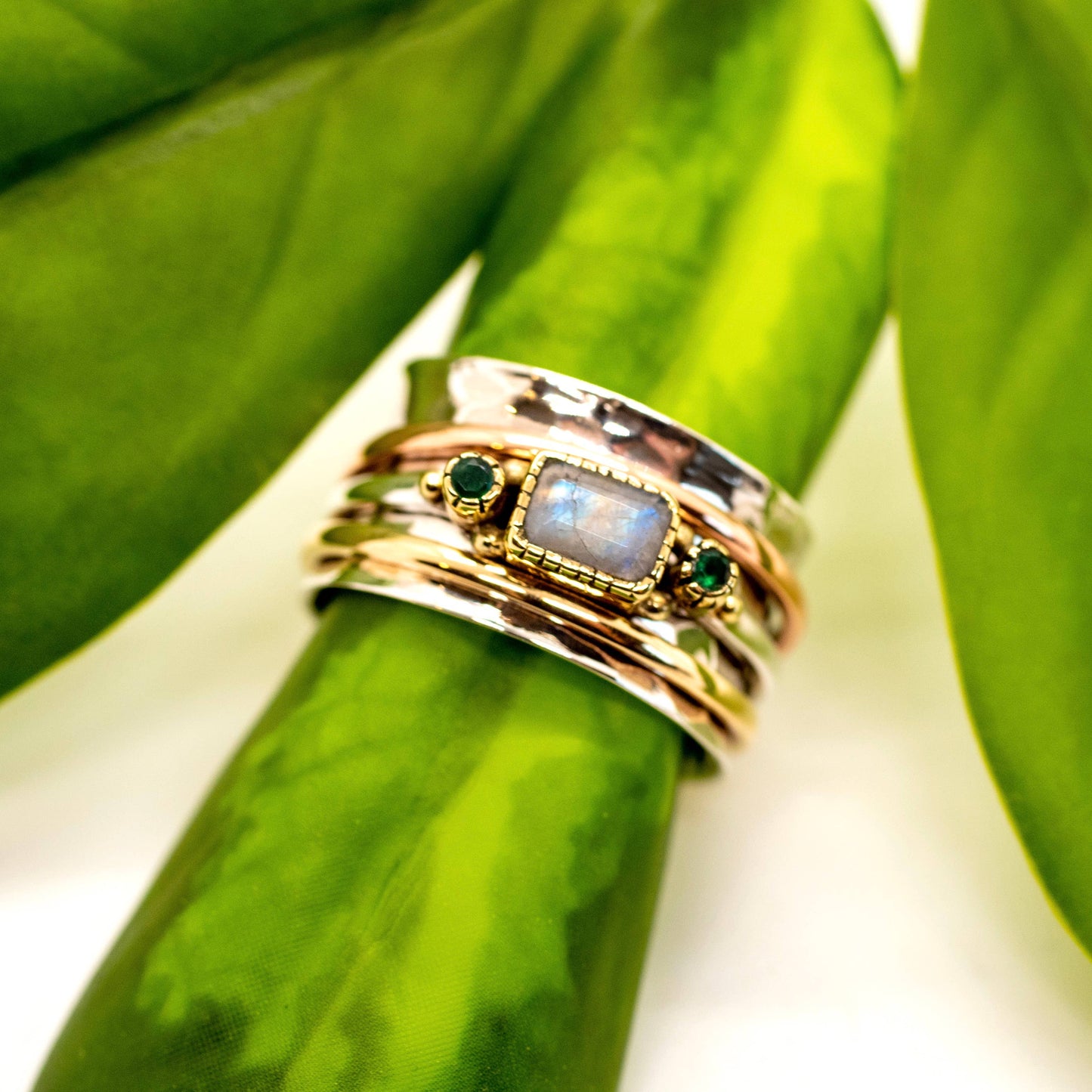 Sterling Silver Moonstone Emerald Spinner Ring - SSR053