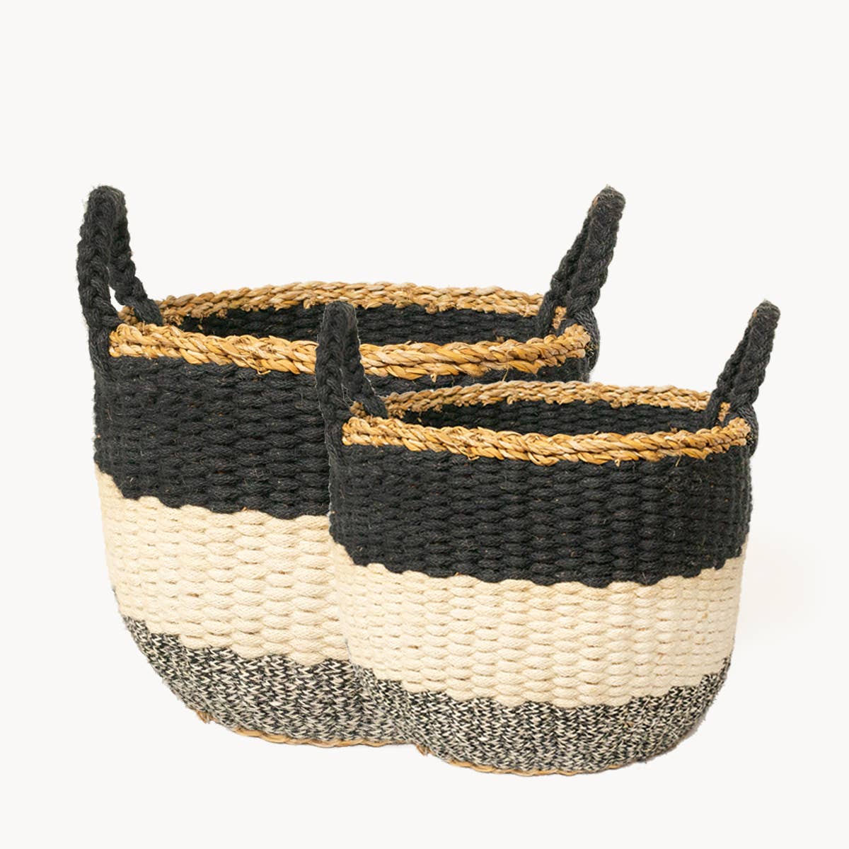 KORISSA - Fair Trade Made - Handwoven Wicker Storage l Ula Stripe Basket-Black-Set of 2