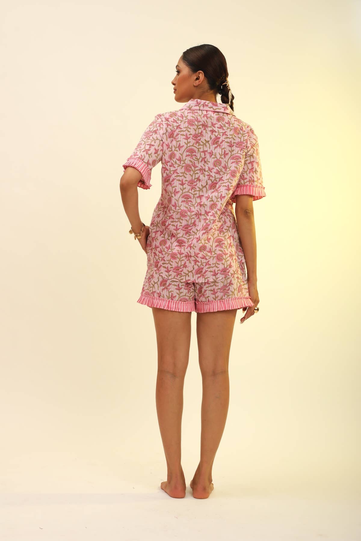 The Fox & The Mermaid - Women's Block Printed Pajamas- 3 Piece Set (Pink Petal):