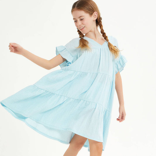 Ruffle Sleeves Tiered Gauze Dress: Light Blue / M