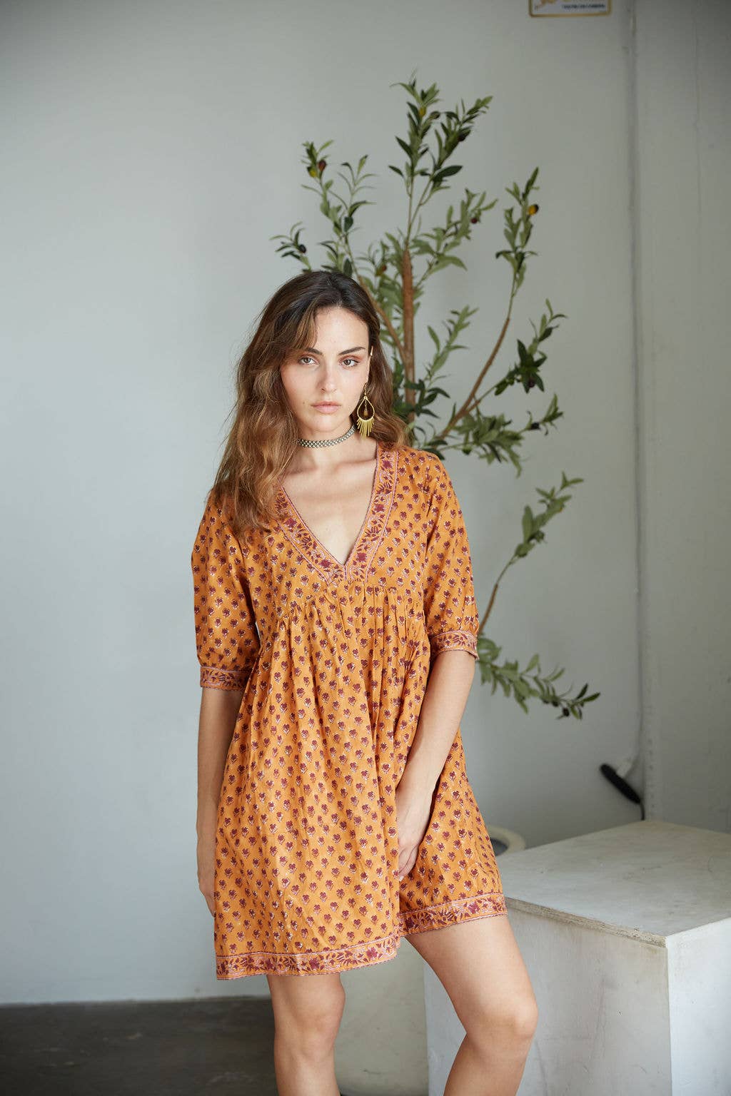 The Fox & The Mermaid - Block Printed Cotton Mini-Dress (Maile Dress- Cayenne):