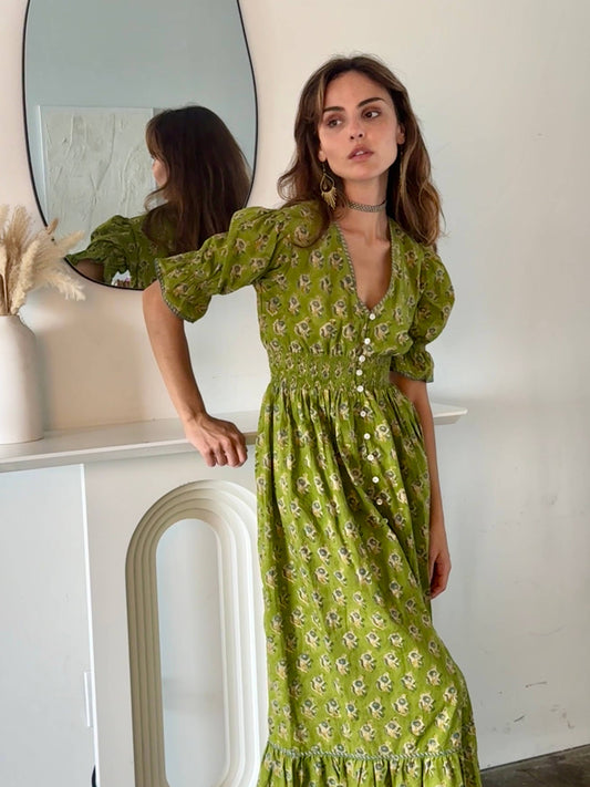 Tatiana Block Printed Dress (Olive) : M
