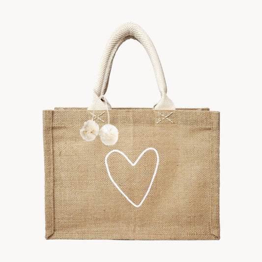 Handmade Burlap Jute • Canvas Tote • Shopping Bag - Love: With Pompom