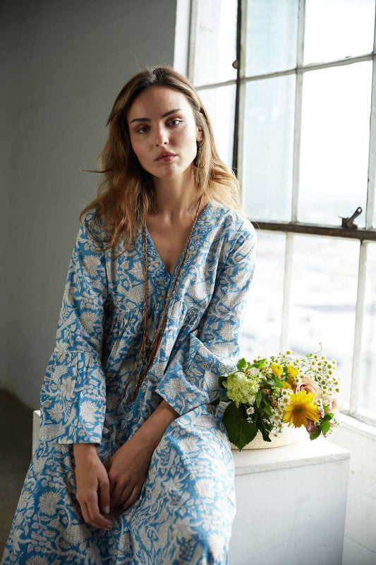 The Fox & The Mermaid - Fair Trade Made - Block Printed Dress (Long Sleeve Bhavani-Gold/Blue)