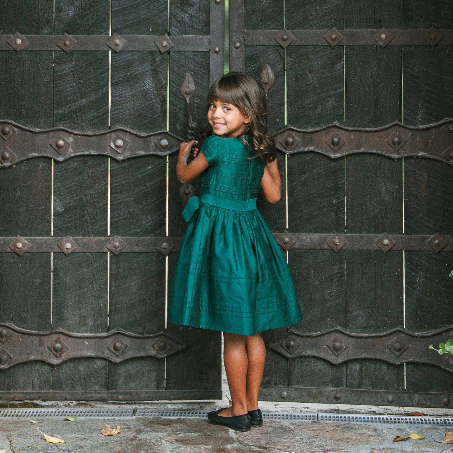 Hope & Henry - Organic Pleated Sateen Party Dress: Deep Green