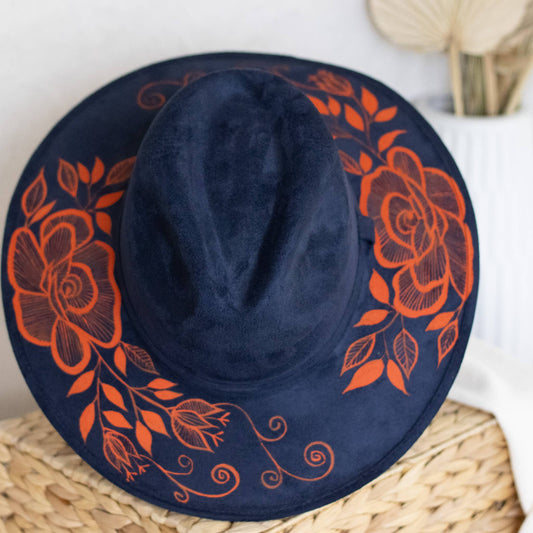 Origin Mexico - Veronica Hand Painted Western Statement Hat - Navy & Orange