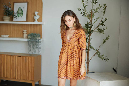 The Fox & The Mermaid - Block Printed Cotton Mini-Dress (Maile Dress- Cayenne):