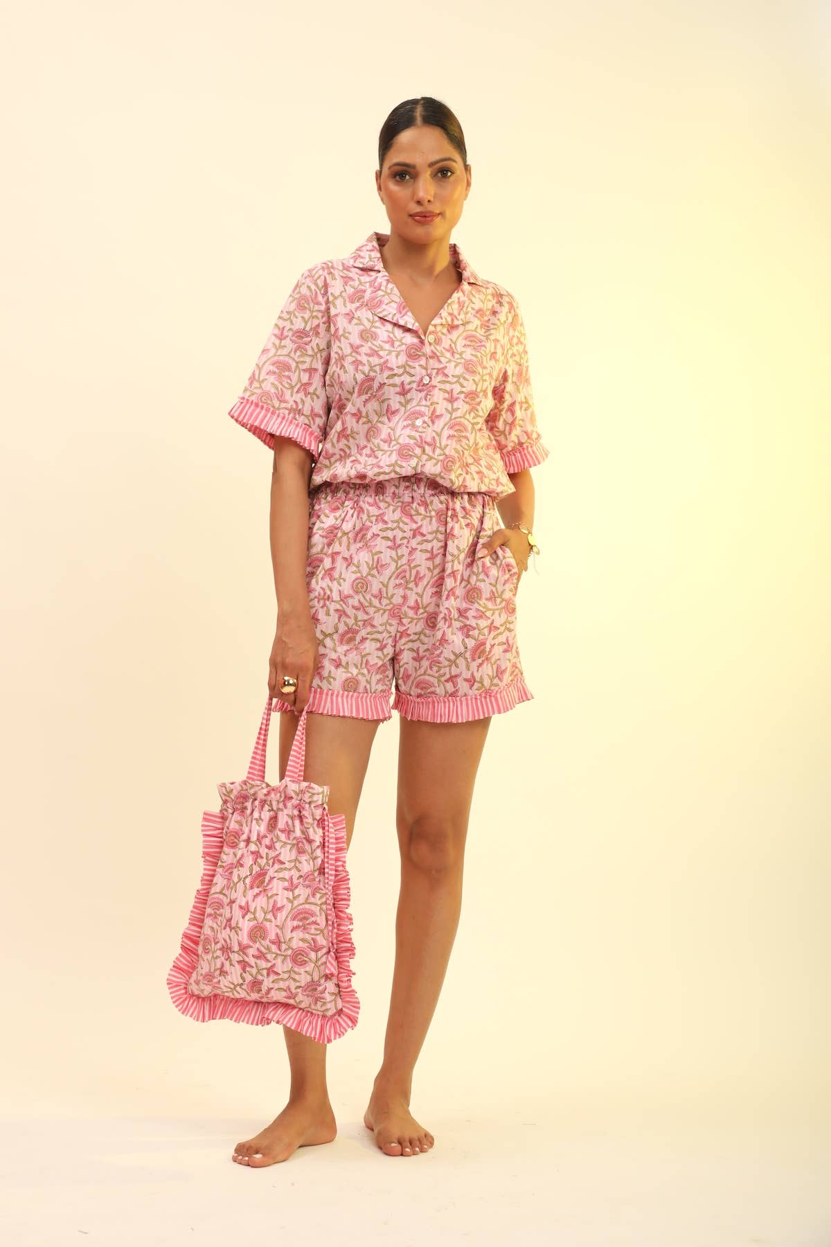 The Fox & The Mermaid - Women's Block Printed Pajamas- 3 Piece Set (Pink Petal):