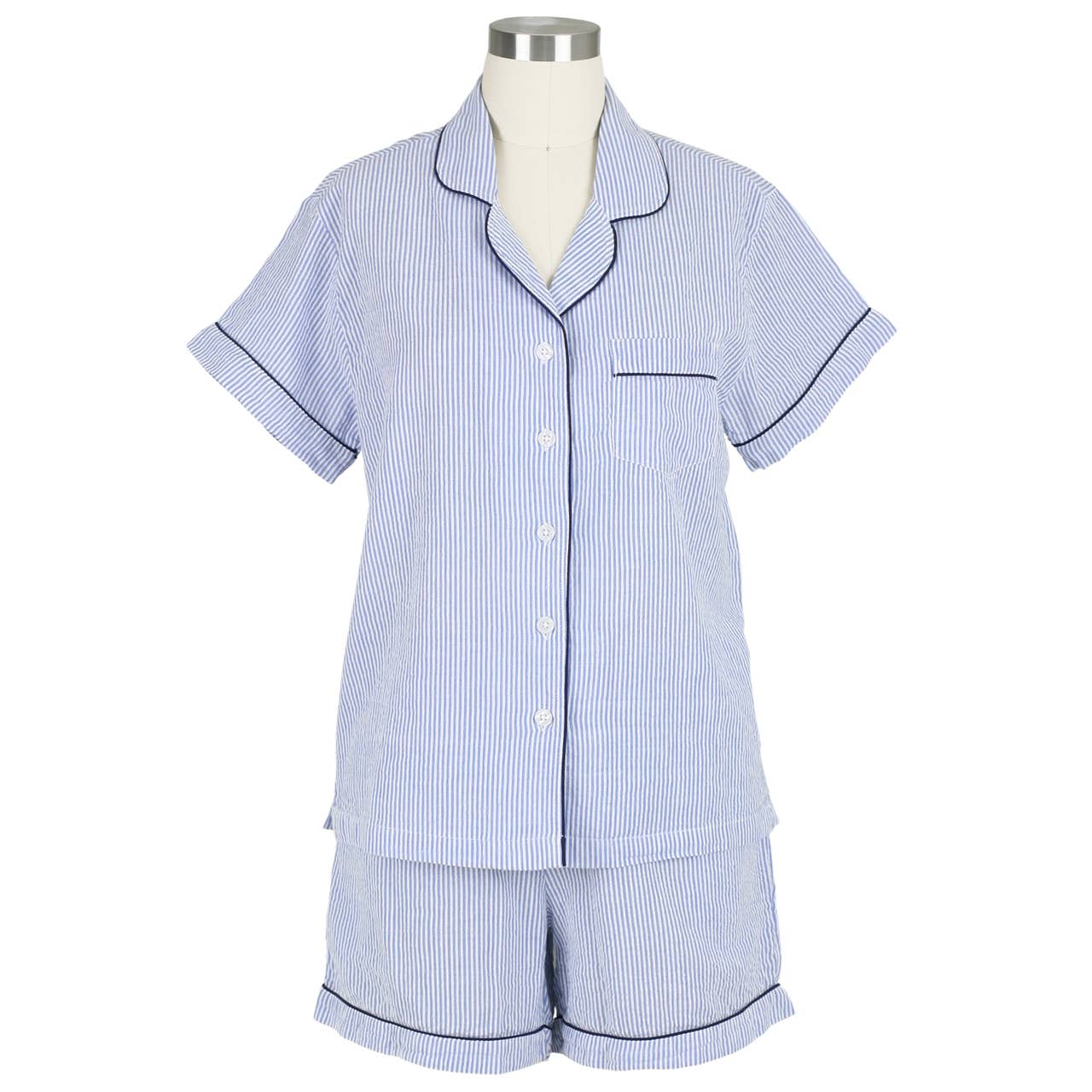 Needham Lane - Blue Seersucker-Navy Short Sleeve Shorty Pajamas: