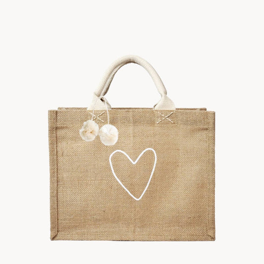 Handmade Burlap Jute • Canvas Tote • Gift Bag - Love: With Pompom