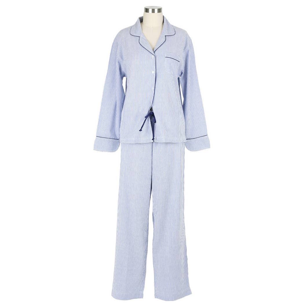 Needham Lane - Blue Seersucker-Navy Long Sleeve Pajamas: