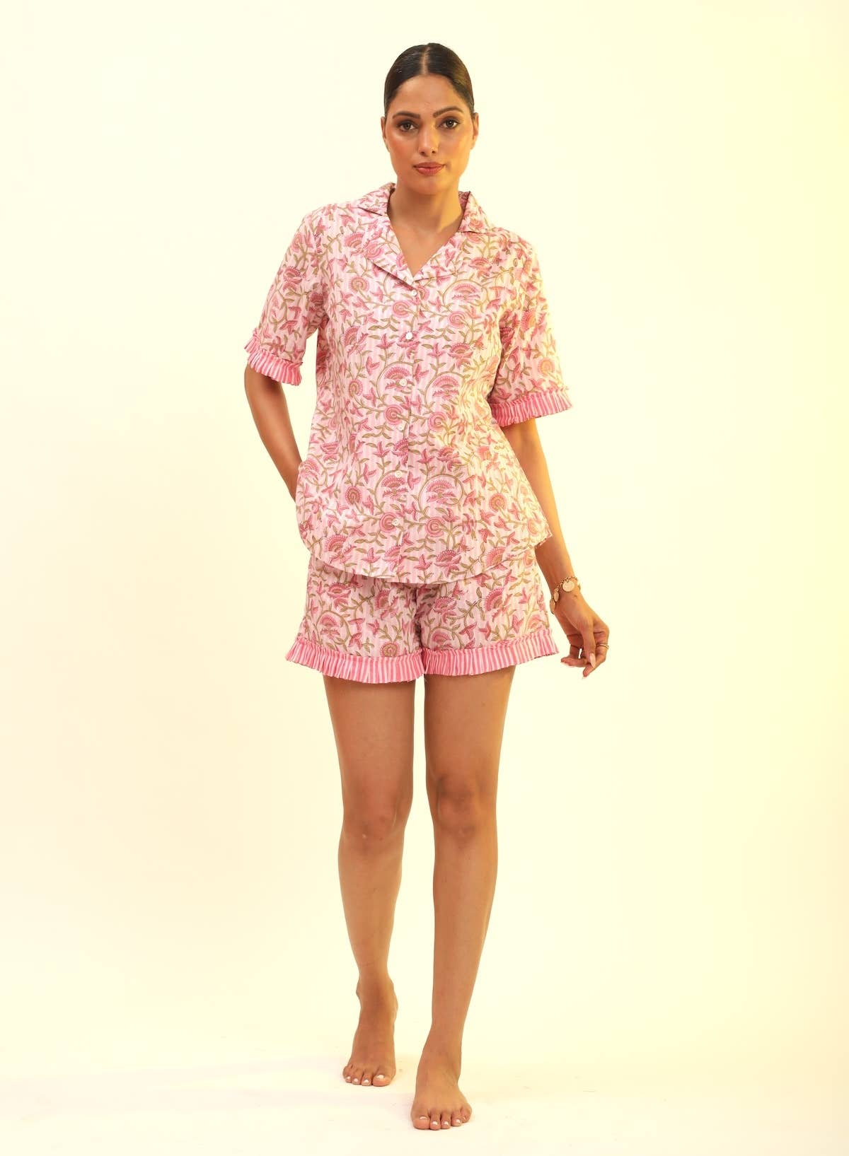 The Fox & The Mermaid - Women's Block Printed Pajamas- 3 Piece Set (Pink Petal):