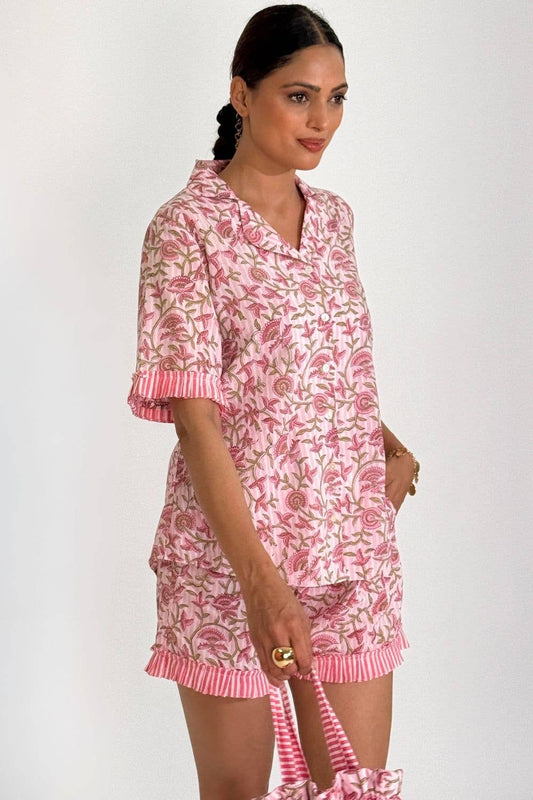 The Fox & The Mermaid - Women's Block Printed Pajamas- 3 Piece Set (Pink Petal):