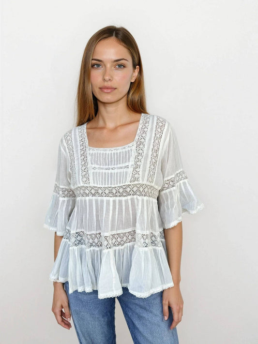 Blue Boheme - Louise Short Sleeves Blouse With Lace