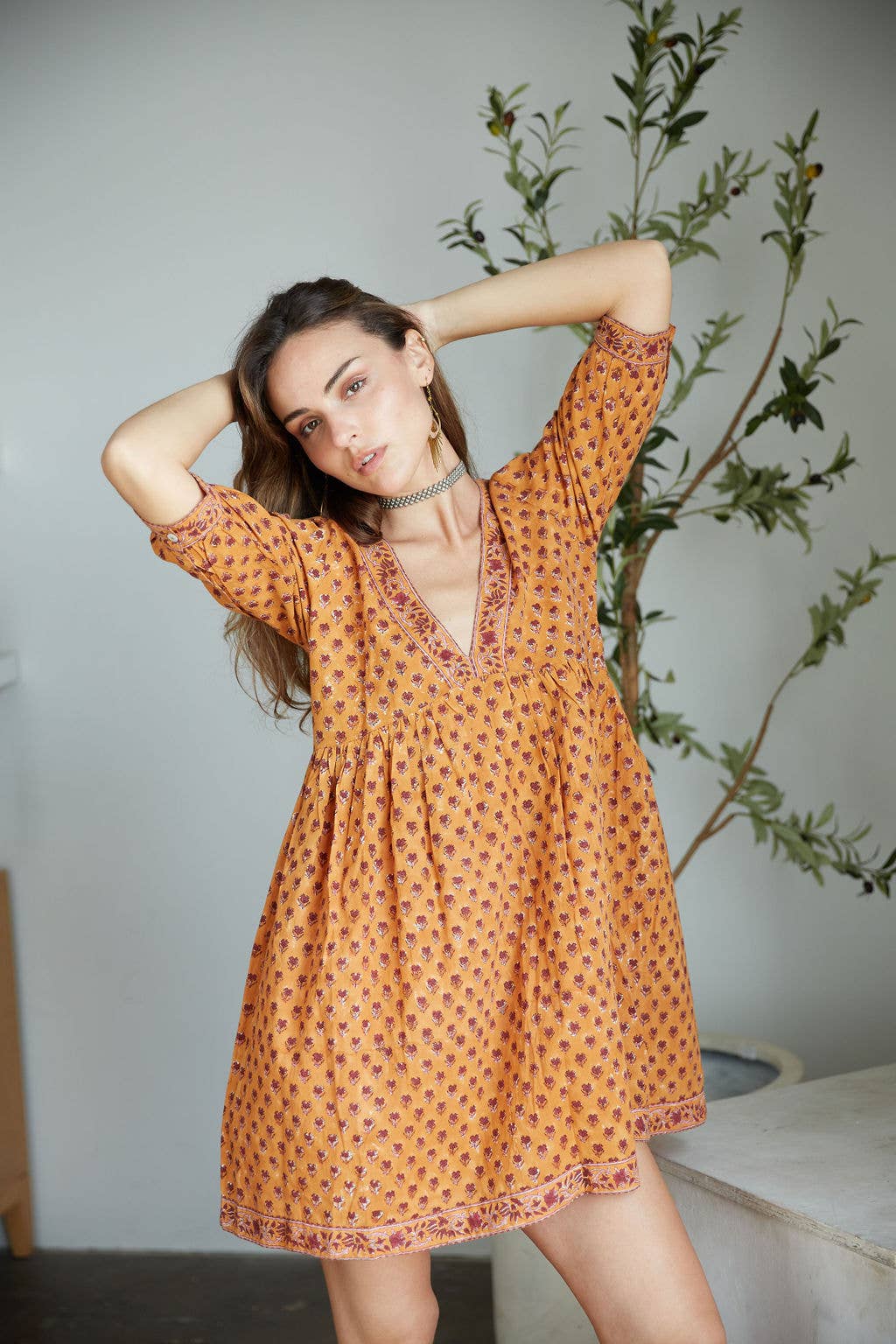 The Fox & The Mermaid - Block Printed Cotton Mini-Dress (Maile Dress- Cayenne):