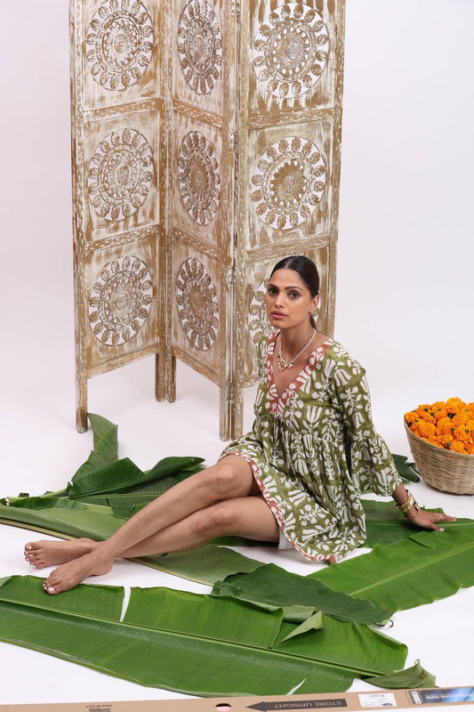 The Fox & The Mermaid - Block Printed Bell Sleeve Dress (Nishu)