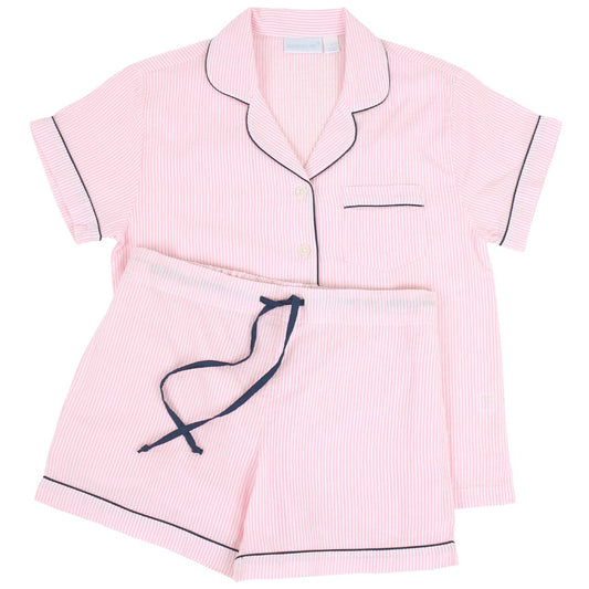 Pink Seersucker-Navy Short Sleeve Shorty Pajamas: S